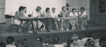 Fundação do PV, em janeiro de 86, no Teatro Clara Nunes (RJ). Da esquerda para a direita: Fernando Gabeira, Lucélia Santos, Alfredo Sirkis, John Neschling, Luis Alberto Py, Carlos Minc, Herbert Daniel e Guido Gelli.